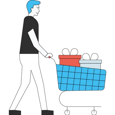 The boy is walking with the shopping trolley Illustration