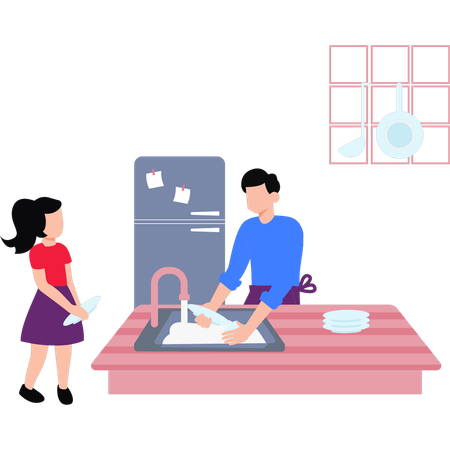 The Boy Is Washing The Dishes  Illustration