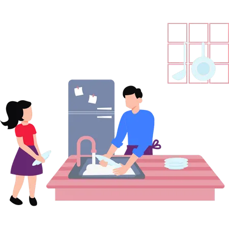 The Boy Is Washing The Dishes  Illustration