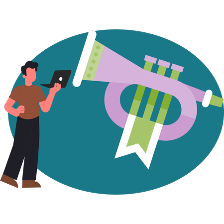 The boy is working about music trumpet  Illustration