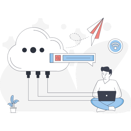 The boy is working on cloud data  Illustration