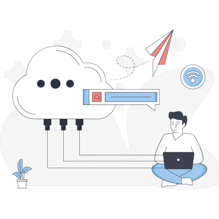 The boy is working on cloud data  Illustration