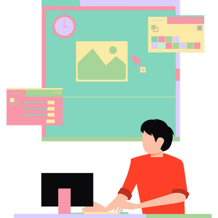 The boy is working on his monitor  Illustration