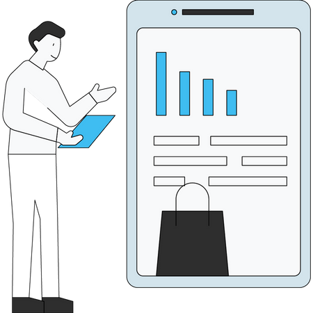 The boy looks at the mobile bar graph  Illustration