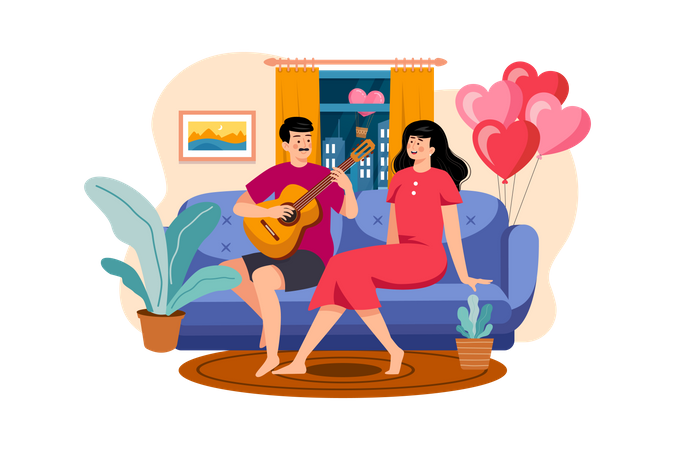 The Boy Plays The Guitar For The Girl To Sing  Illustration