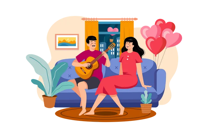 The Boy Plays The Guitar For The Girl To Sing  Illustration