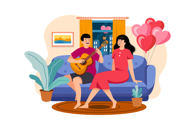 The Boy Plays The Guitar For The Girl To Sing Illustration
