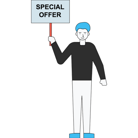 The boy stands with a special offer board  Illustration