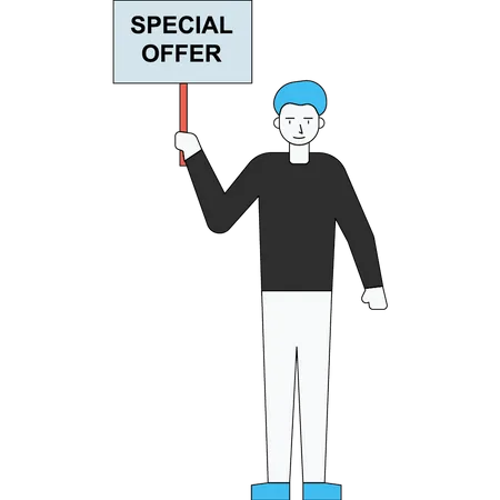 The boy stands with a special offer board  イラスト