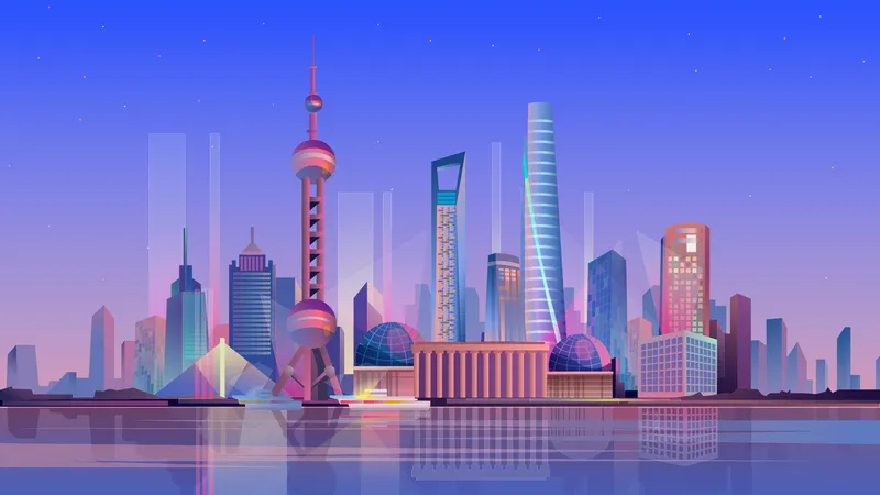 Shanghai Landing Page In Flat Cartoon Style Chinese Night City Panorama With Skyscrapers Urban Landscape Business Trip And Travelling Of Famous Landmarks Vector Illustration Of Web Background 일러스트레이션