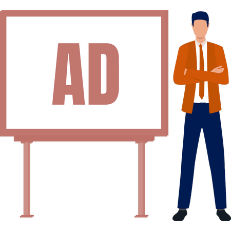 The business man is standing near ad board  Illustration