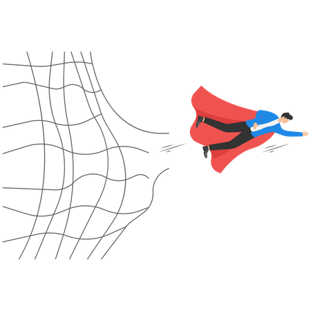 The business person broke through the net and flew out  Illustration