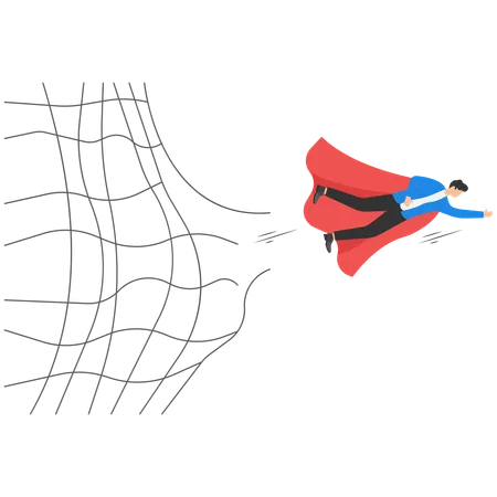 The business person broke through the net and flew out  Illustration