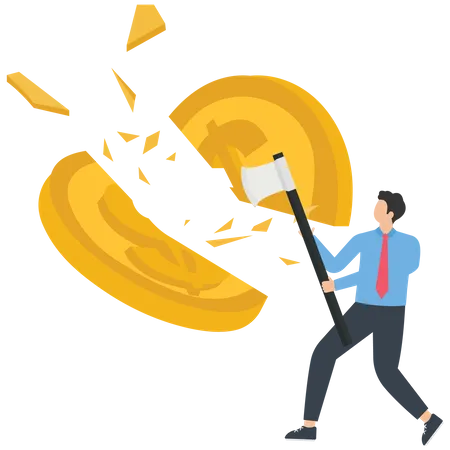 The businessman cut the gold coin with an ax  Illustration