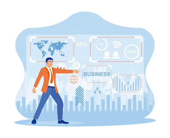 The Businessman Hand Is Pointing To The Virtual Screen. Stock Market Investment, Trading Chart In Business Trading And Technology Concept. Finance And Trade Concept. Trend Modern Vector Flat Illustration  Illustration