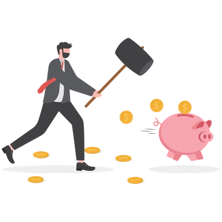 The Businessman Hit The Piggy Bank Business Financial Concept イラスト