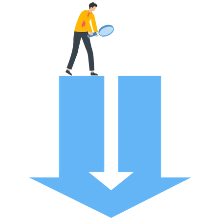 The businessman holds a magnifying glass to analyze the hole in the middle of the falling arrow  Illustration