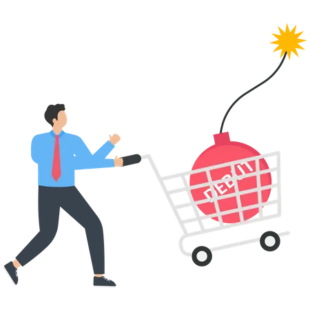 The businessman holds a shopping bag and a debt bomb  Illustration