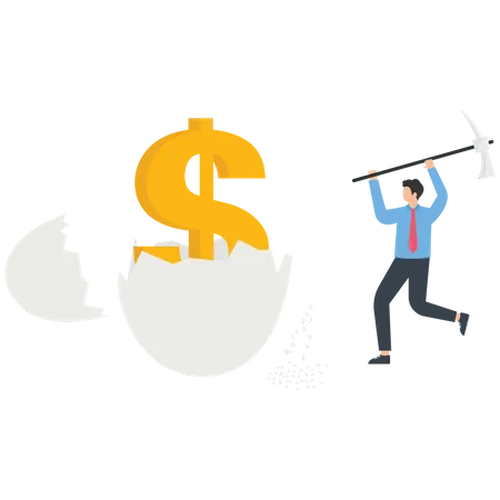 The businessman pounded money from the egg shell  Illustration