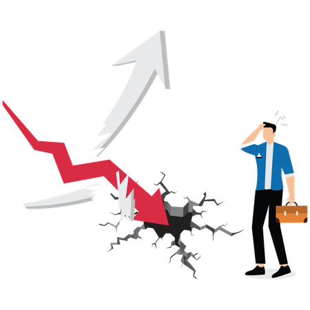 The businessman screams as he watches the falling arrow shatter the businessman's rising arrow  Illustration