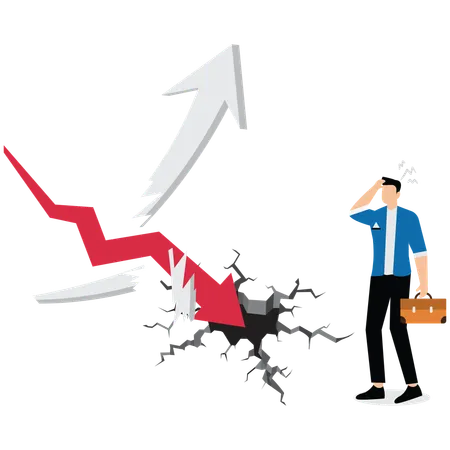 The businessman screams as he watches the falling arrow shatter the businessman's rising arrow  Illustration