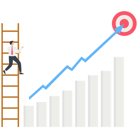 The businessman standing on the ladder to see the top of the arrow  Illustration