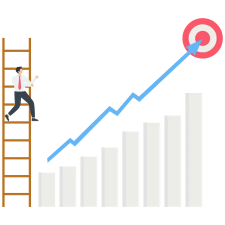 The businessman standing on the ladder to see the top of the arrow  Illustration