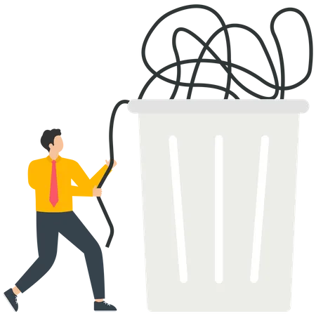 The businessman threw the intricately entangled thread into the trash basket to solve the complicated troubles  Illustration