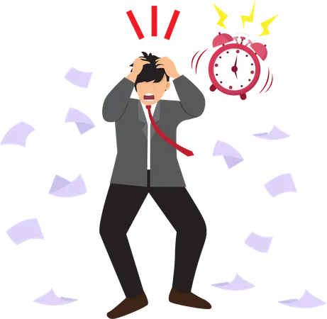 The Businessman Was Unable To Complete The Documents In Time To Send To The Customer A Character Is Stressed By The Sound Of A Giant Red Alarm Clock Illustration