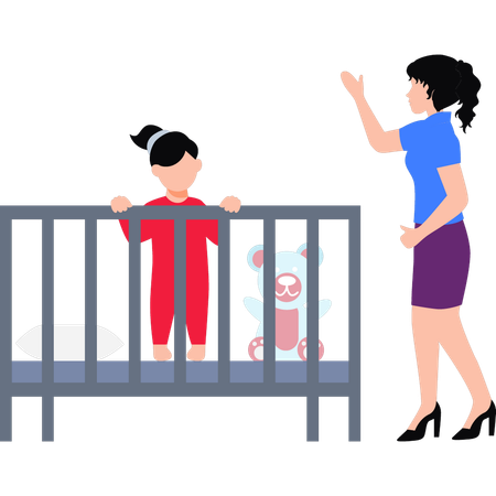 The Child Is Standing In The Cot  Illustration
