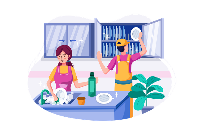 The cleaning team is washing and arranging the dishes.  Illustration