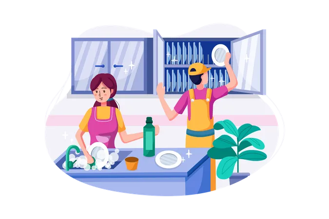 The cleaning team is washing and arranging the dishes.  Illustration