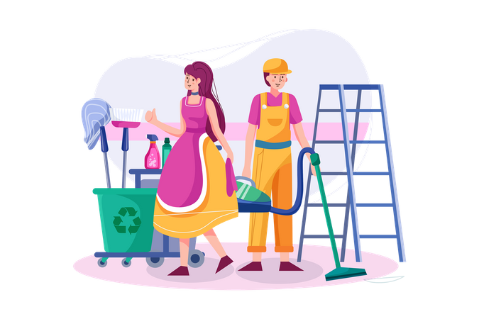 The cleaning team with professional equipment is ready to work.  Illustration