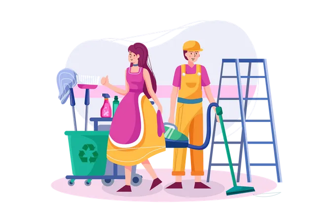 The cleaning team with professional equipment is ready to work.  Illustration