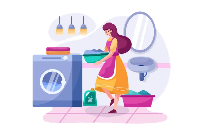 The cleaning woman bringing clothes to the washing machine  Illustration