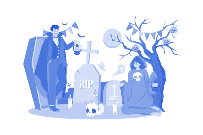 The Couple Dressed Up As Demons And Ghosts With Tombstones Skulls And Candles Illustration