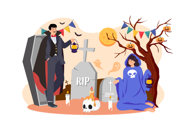 The Couple Dressed Up As Demons And Ghosts With Tombstones Illustration