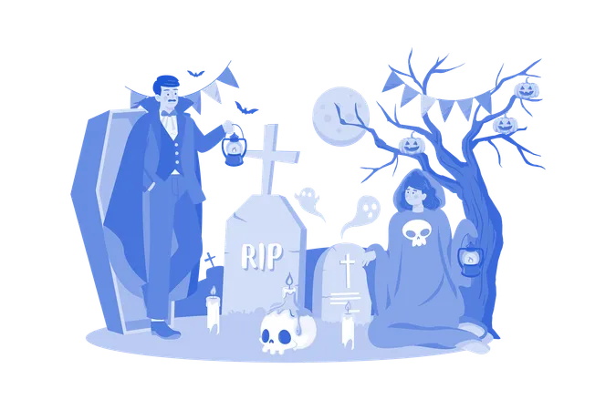 The Couple Dressed Up As Demons And Ghosts With Tombstones  Illustration