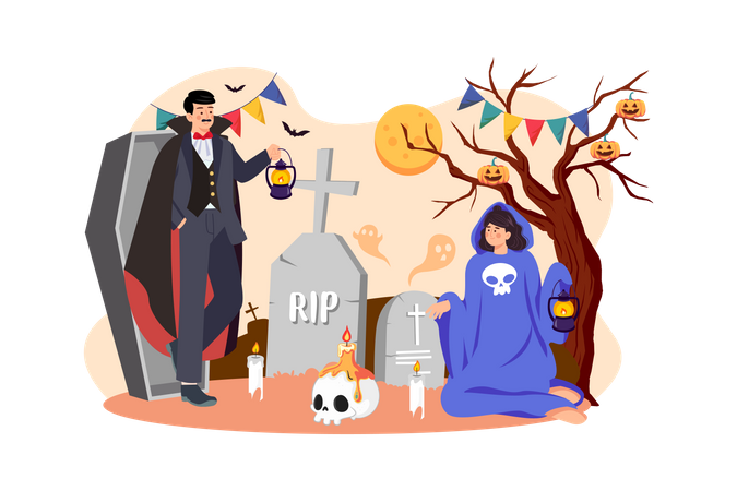 The Couple Dressed Up As Demons And Ghosts With Tombstones  Illustration