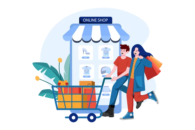 The couple goes shopping chart in a mobile online shop. Illustration