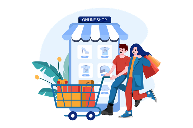 The couple goes shopping chart in a mobile online shop.  Illustration