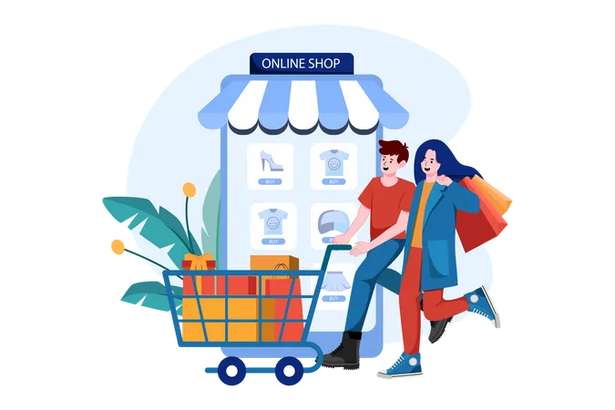 The couple goes shopping chart in a mobile online shop.  Illustration