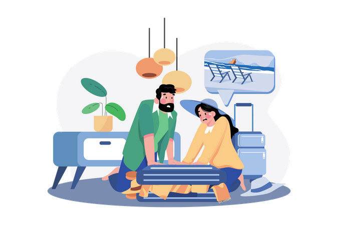 The couple has a problem with packing for the trip Illustration