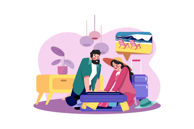The couple has a problem with packing for the trip Illustration