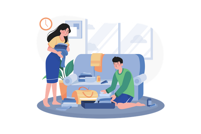 The Couple Has A Problem With Packing For The Trip  Illustration