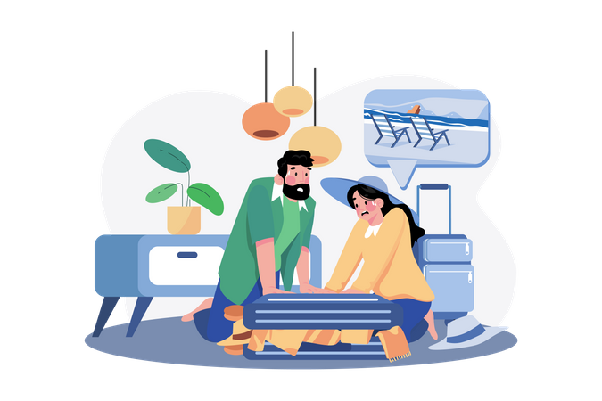 The couple has a problem with packing for the trip  Illustration