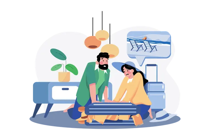 The couple has a problem with packing for the trip  Illustration