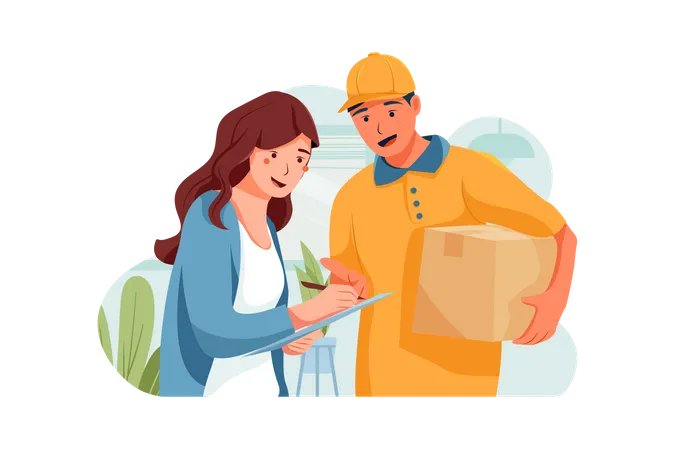 The customer is standing beside the shipper to sign her bill Illustration