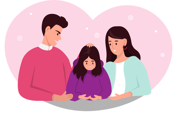 The daughter is disappointed and sad that her friends are bullying her. Parents try to console their children The concept of taking care of the family  Illustration