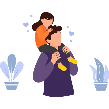The daughter is sitting on the father's shoulder  Illustration